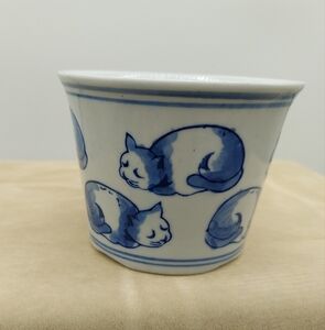 Sleepy Cats Blue Glazed Planter Pot Indoor Plant Container